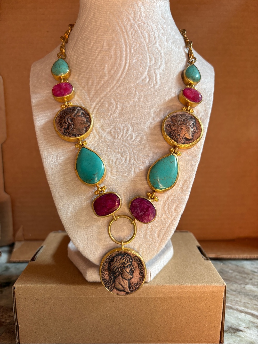 22Kt gold-plated brass Turquoise & Ruby Statement Coin Necklace